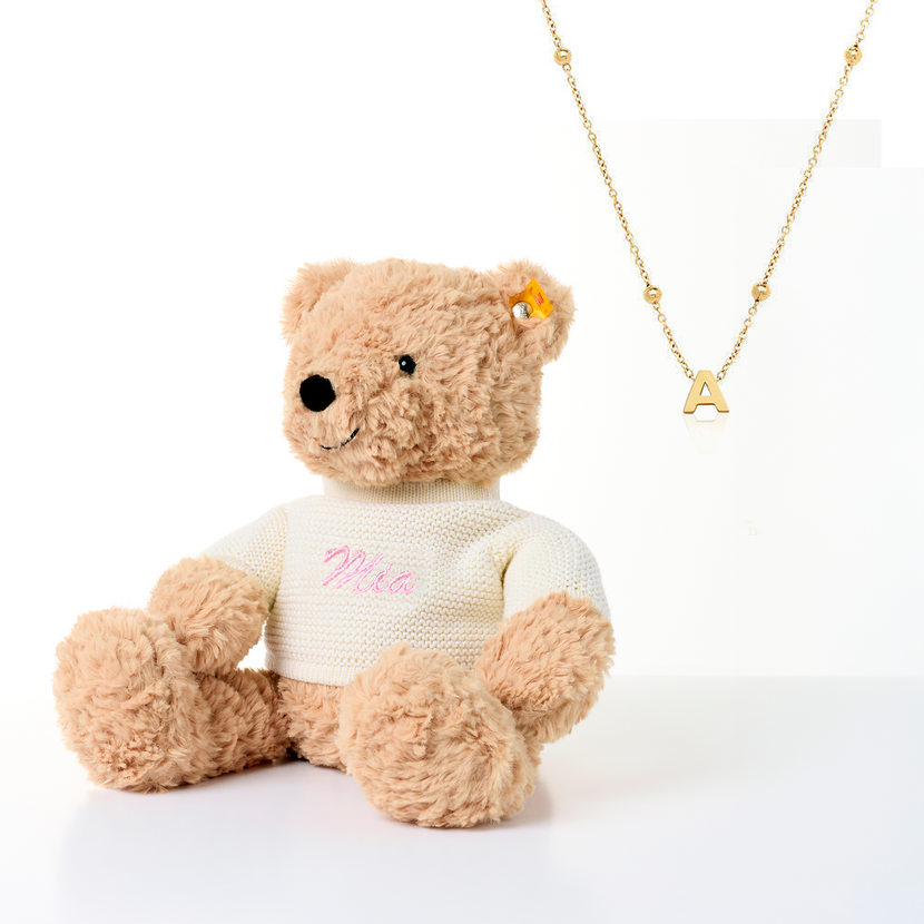 Steiff Teddy Bear & Initial Necklace Bundle (Gold)