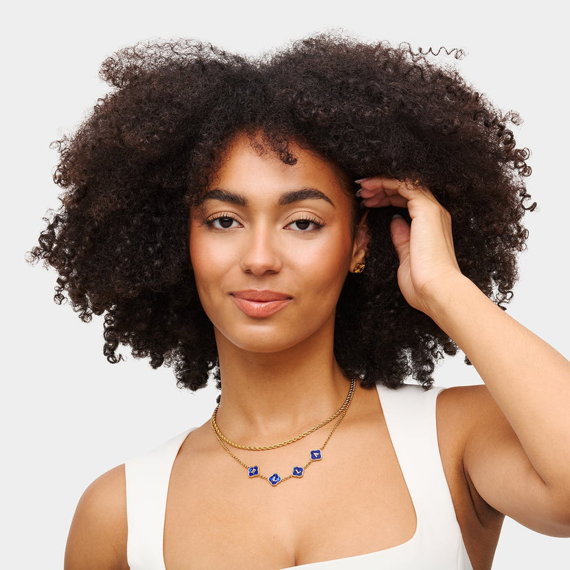 Blue Lace Agate Clover Custom Name Necklace (Gold)