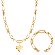 Heart Figaro Chain Necklace & Bracelet Set (Gold)