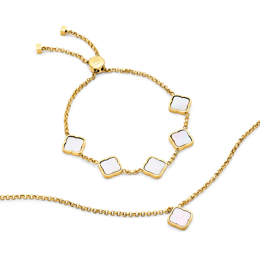Pearl Clover Necklace & Bracelet Bundle (Gold)