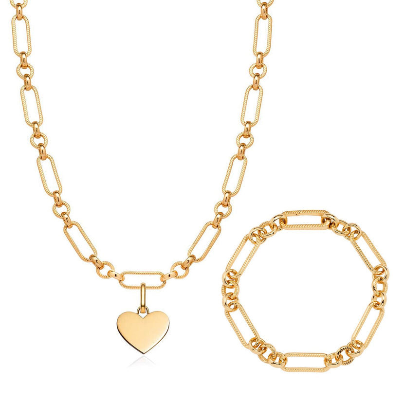 Heart Figaro Chain Necklace & Bracelet Set (Gold)