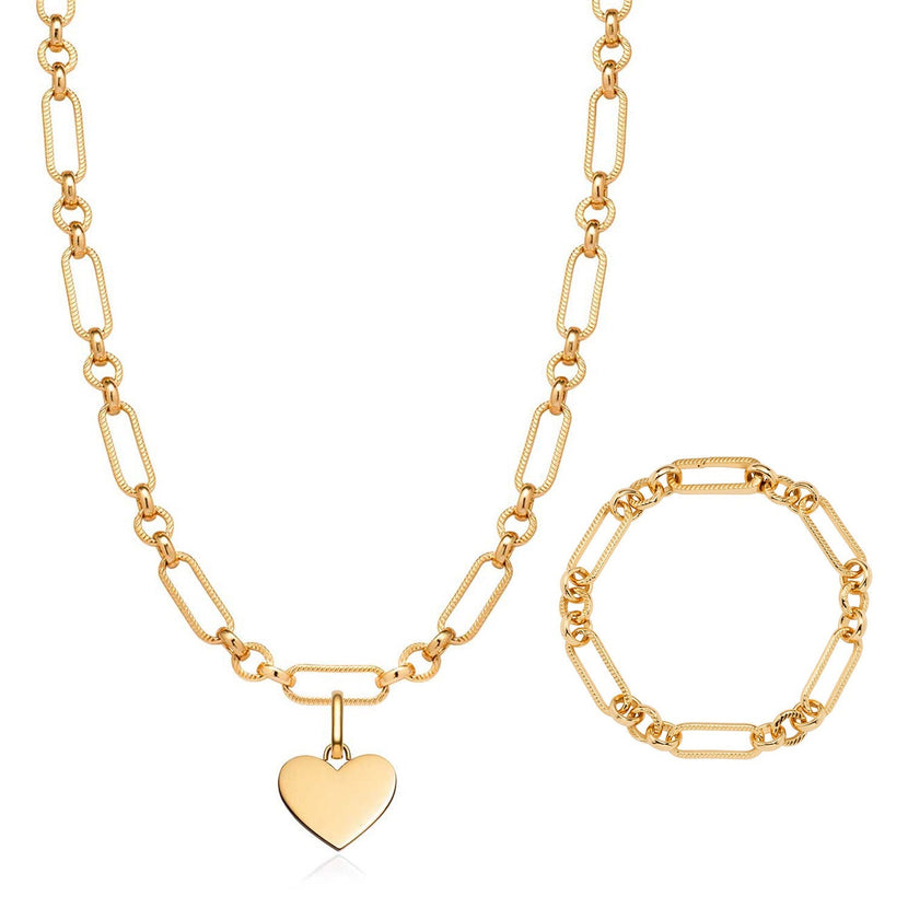Heart Figaro Chain Necklace & Bracelet Set (Gold)