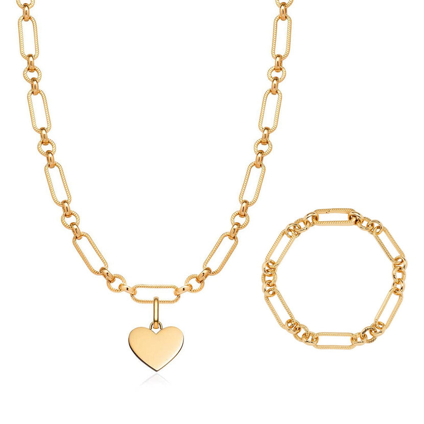 Heart Figaro Chain Necklace & Bracelet Set (Gold)
