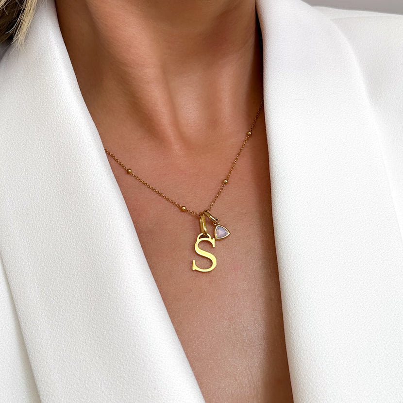 Personalised Initial & Droplet Birthstone Necklace (Gold)