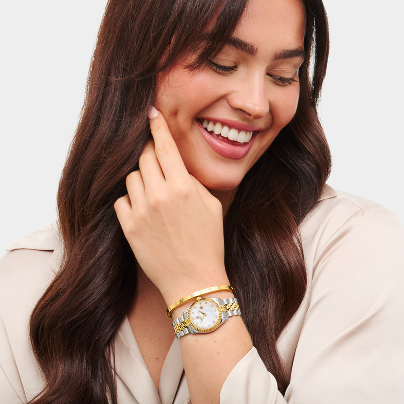 Pearl Belgravia & Crystal Heart Bangle Set (Gold)