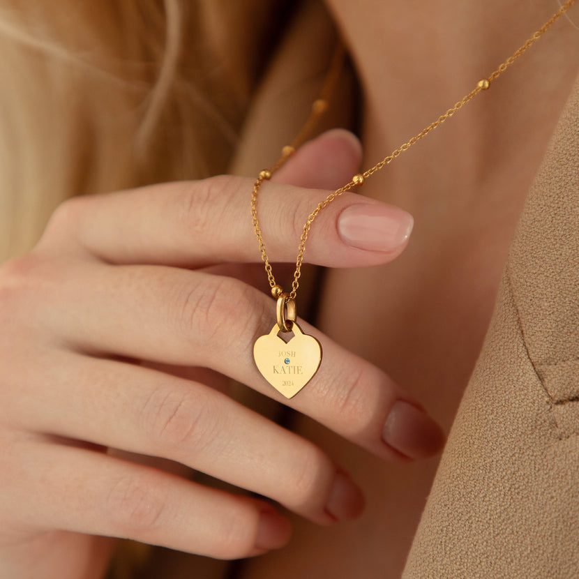 Blue Crystal Heart Token Necklace (Gold)