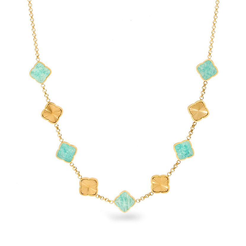 Amazonite & Fluted Clover Necklace (Gold)