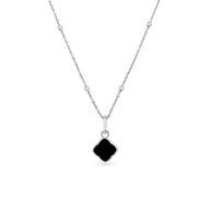 Black Enamel Clover Pendant Necklace (Silver)