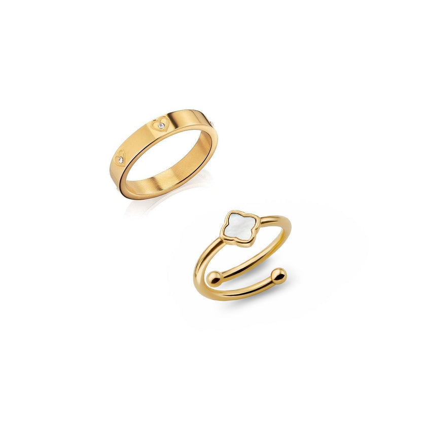 Crystal Heart & Pearl Clover Ring Set (Gold)