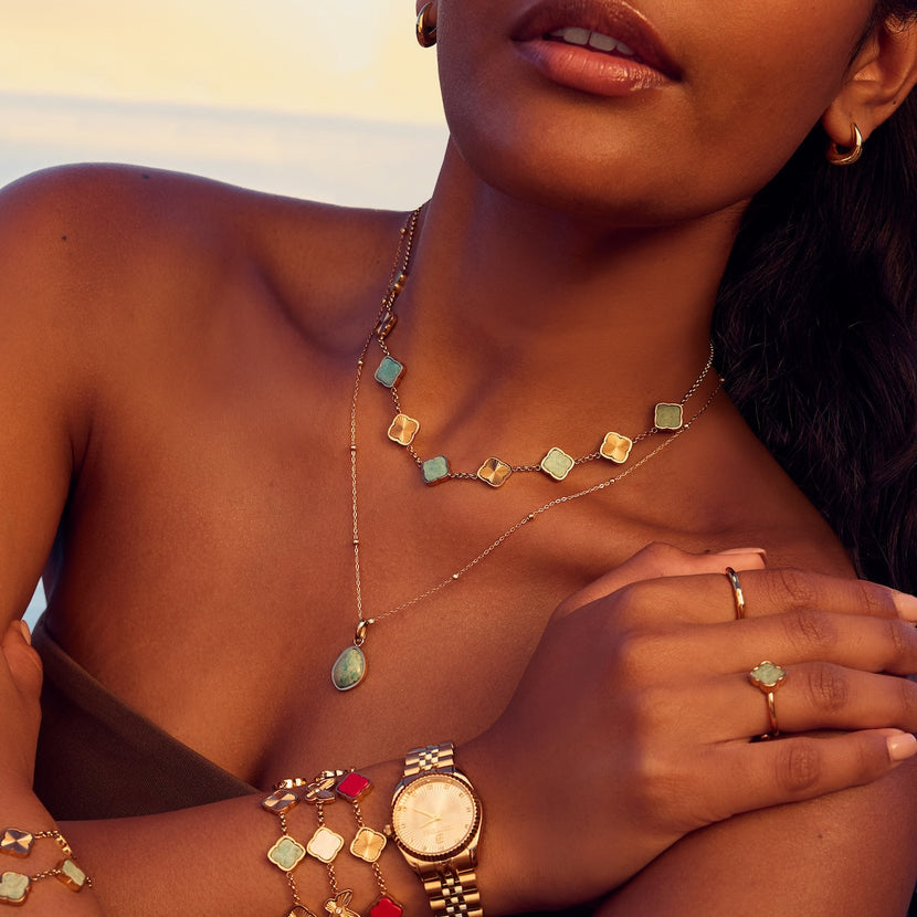 Amazonite & Fluted Clover Necklace (Gold)