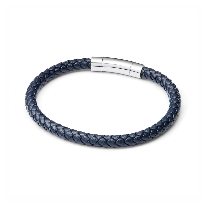 Men's Navy Bonded Leather Bracelet (Silver)