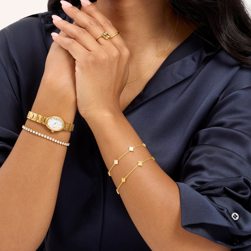 Fine Mini Pearl & Fluted Clover Bracelet Set (Gold)