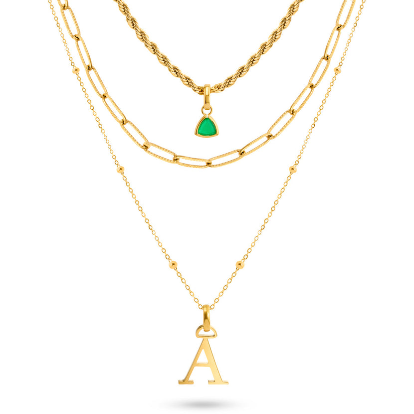 Initial & Droplet Birthstone Layered Necklace Set (Gold)