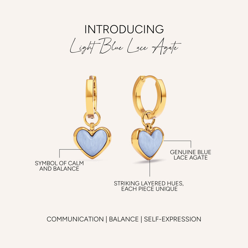 Light Blue Lace Agate Heart Huggie Earrings Set (Gold)