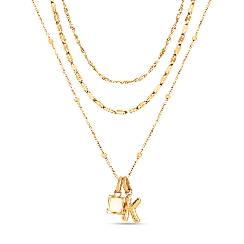 Mini Molten Initial & Moonstone Charm Layered Necklace Set (Gold)
