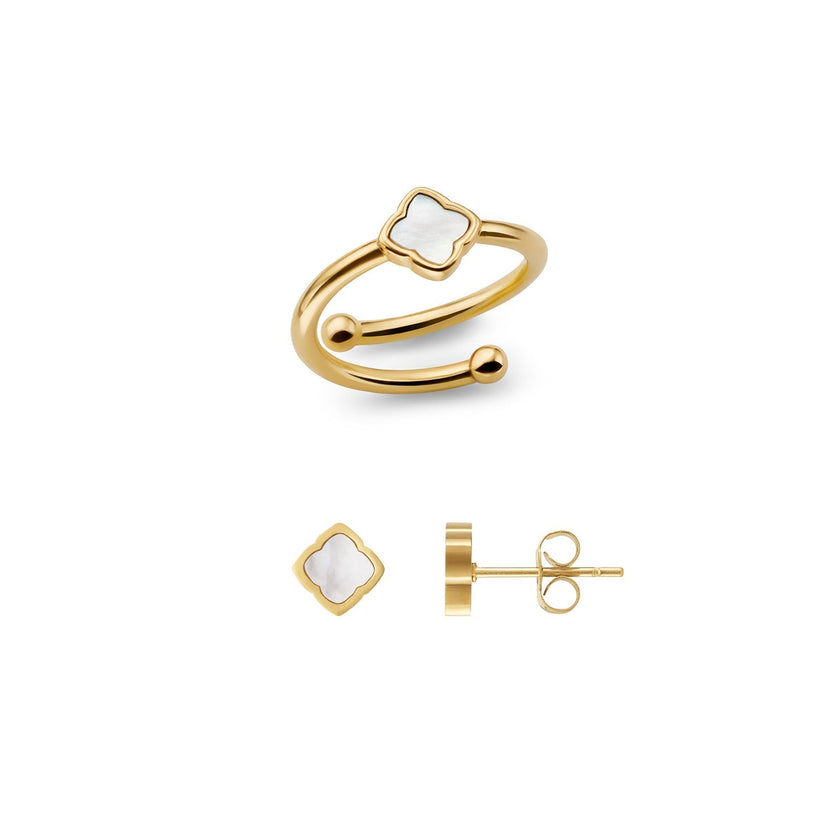 Mini Pearl Clover Ring & Earrings Set (Gold)