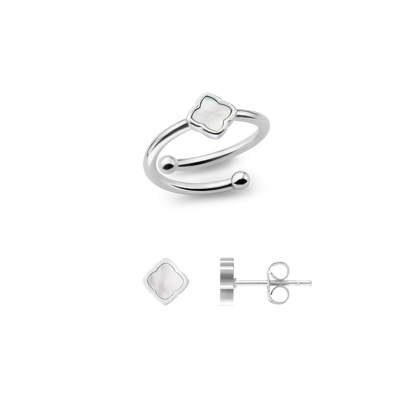 Mini Pearl Clover Ring & Earrings Bundle (Silver)