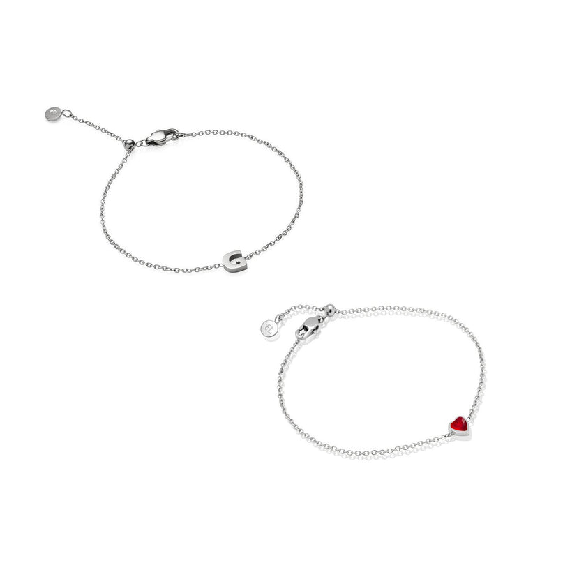 Mini Heart Birthstone & Initial Bracelet Set (Silver)