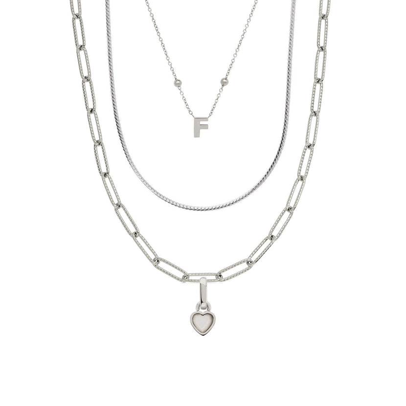 Mini Initial & Heart Birthstone Layered Set (Silver)