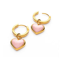 Pale Pink Opal Heart Huggie Earrings Set (Gold)