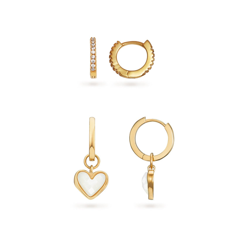 White Quartz Heart Huggie Earrings Bundle (Gold)