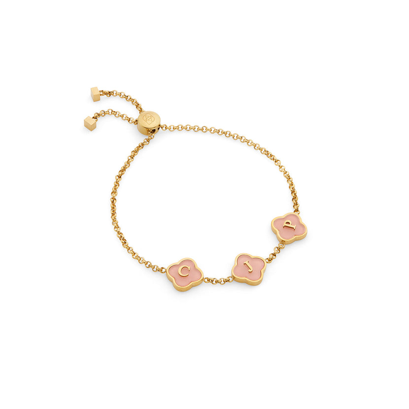 Rose Quartz Clover Custom Name Bracelet (Gold)