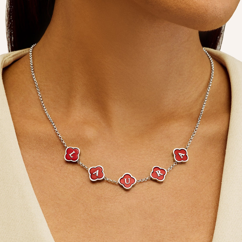 Red Custom Clover Name Necklace (Silver)