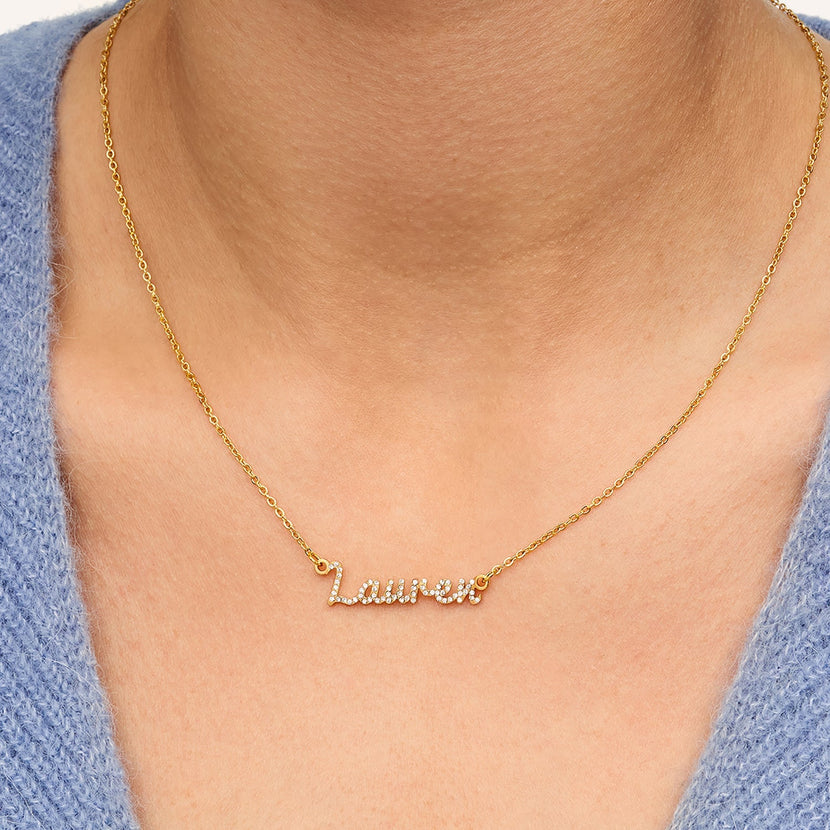 Crystal Cursive Name Necklace (Gold)
