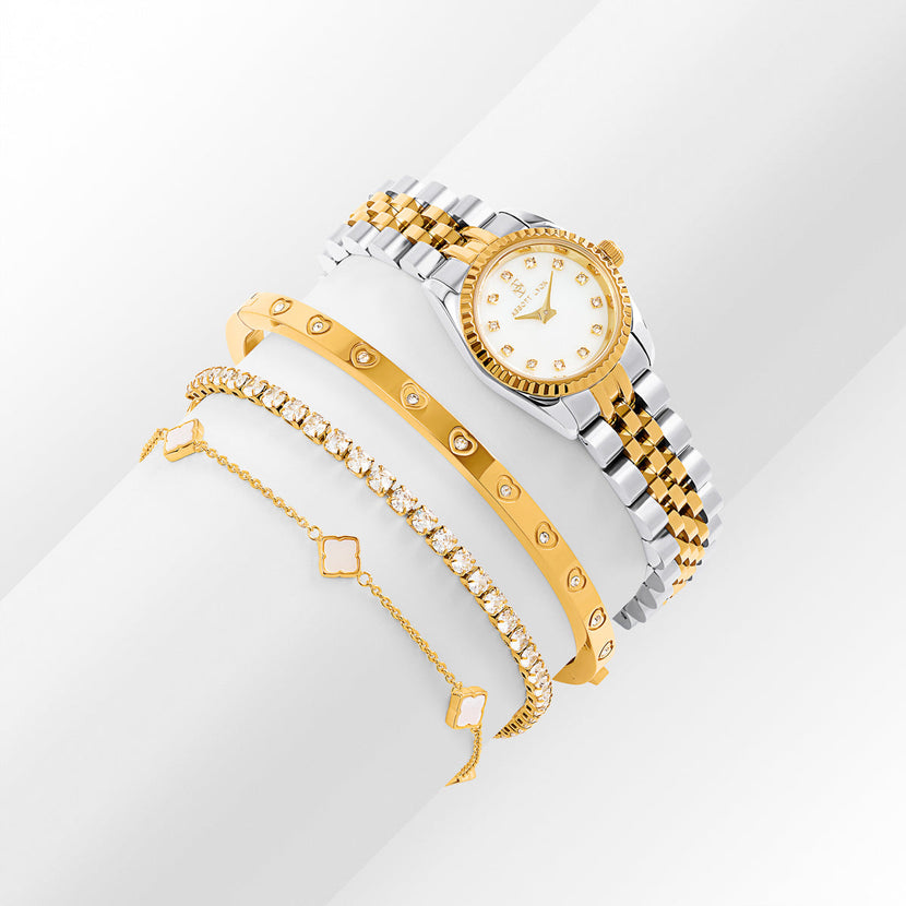 Belgravia Pearl Watch 23 & Crystal Bracelet Set (Gold)