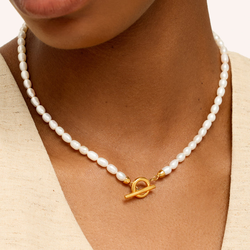 T-bar Pearl Necklace (Gold)