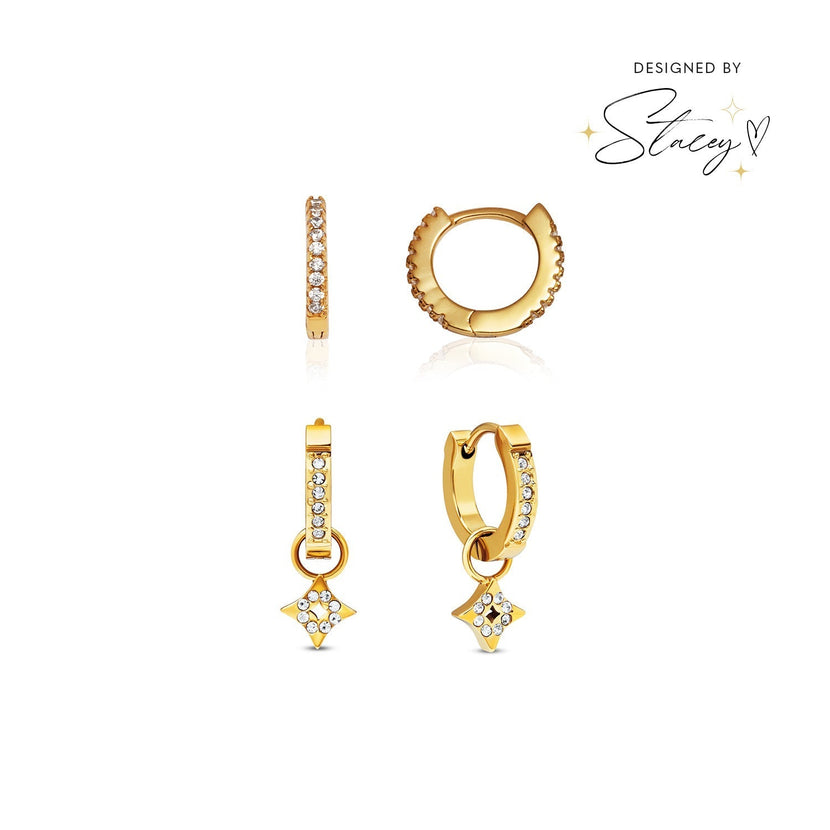 Moon and Back Star Huggie Earring Set (Gold)