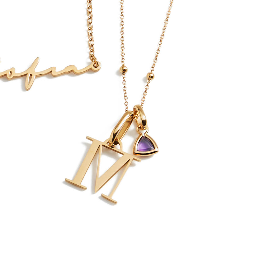 Personalised Initial & Droplet Birthstone Necklace (Gold)