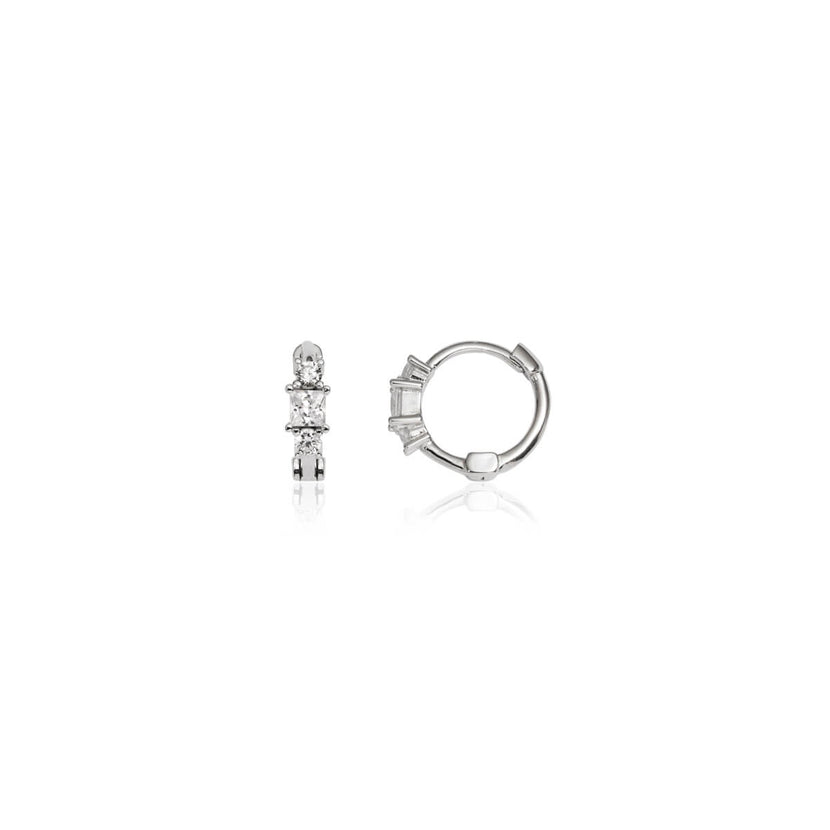 Sterling Silver Triple Crystal Huggie Hoop Earrings (Silver)