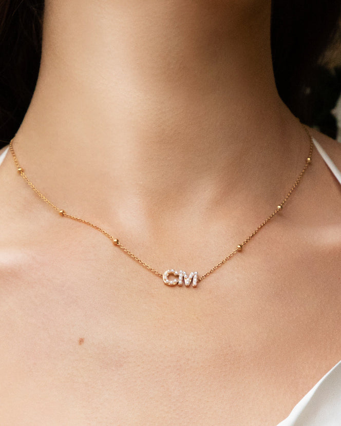 Pearl Initials Sphere Chain Necklace (Gold)