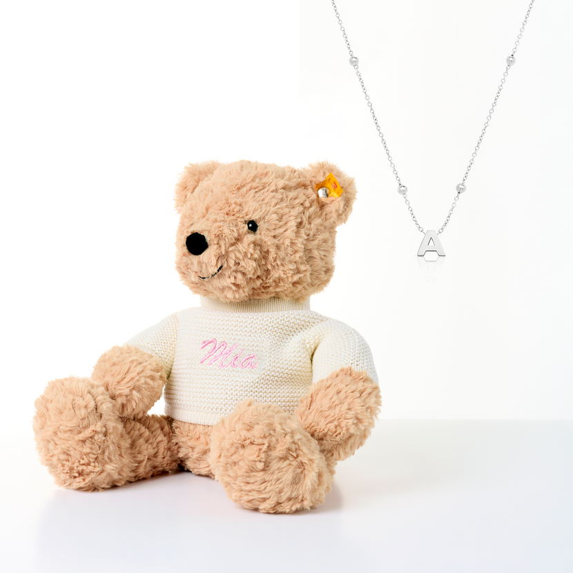 Steiff Teddy Bear & Initial Necklace Bundle (Silver)
