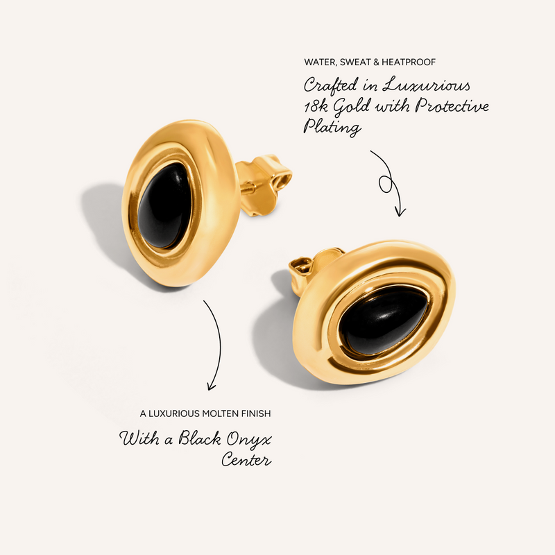 Black Onyx Molten Stud Earrings (Gold)