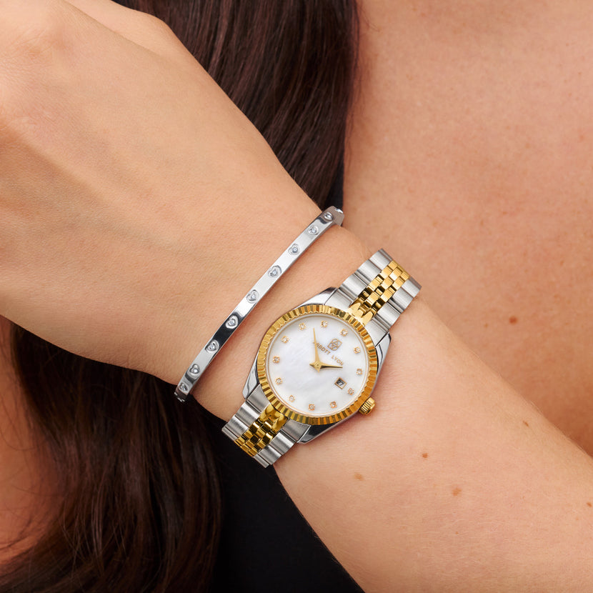 Pearl Belgravia & Crystal Heart Bangle Bundle (Silver)