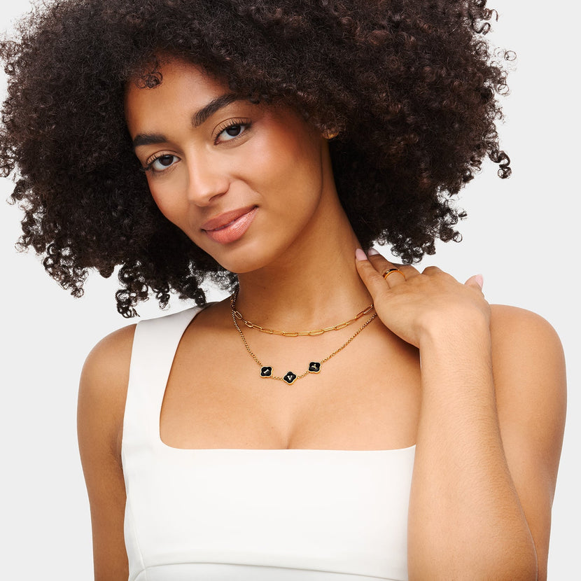 Black Enamel Clover Custom Name Necklace (Gold)