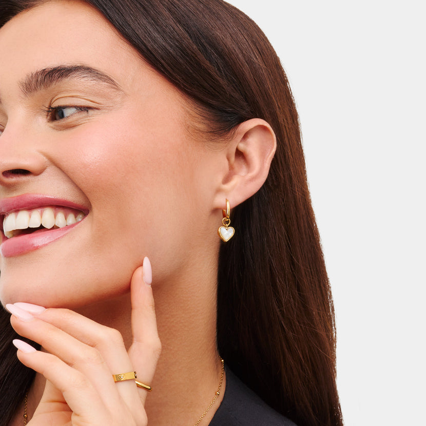 White Quartz Heart Huggie Earrings (Gold)