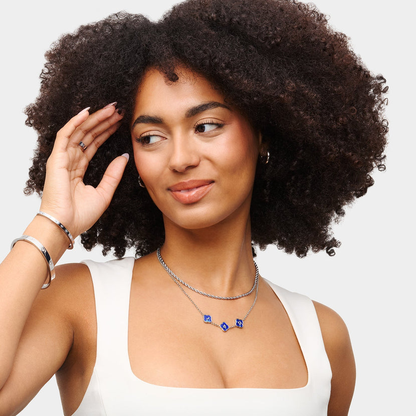 Blue Lace Agate Clover Custom Name Necklace (Silver)