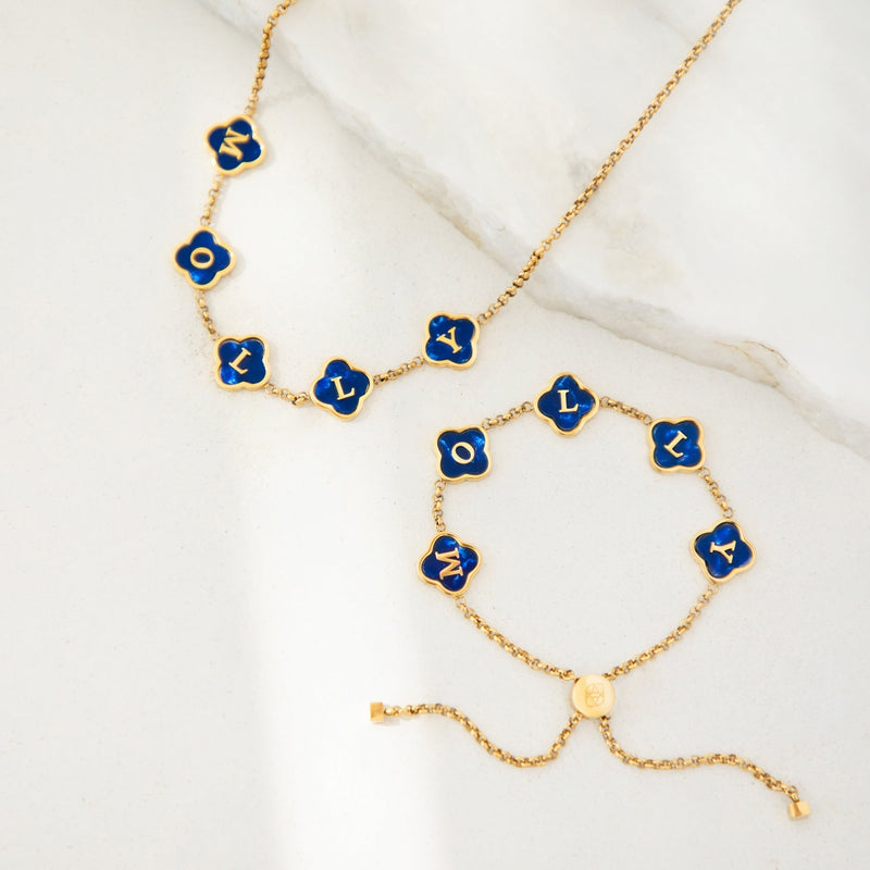 Rose Quartz Clover Custom Name Bracelet (Gold)