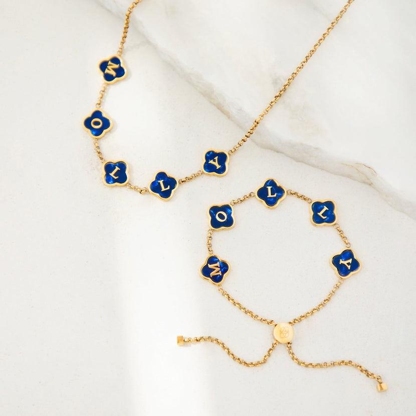 Rose Quartz Clover Custom Name Bracelet (Gold)