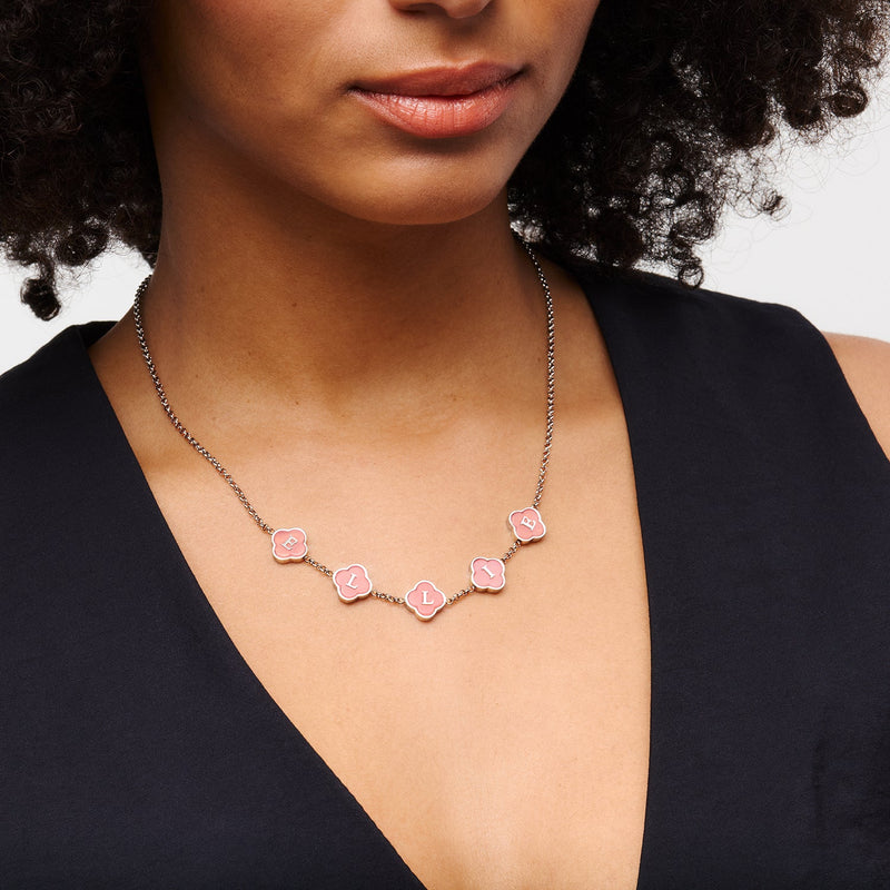 Rose Quartz Clover Custom Name Bracelet (Silver)