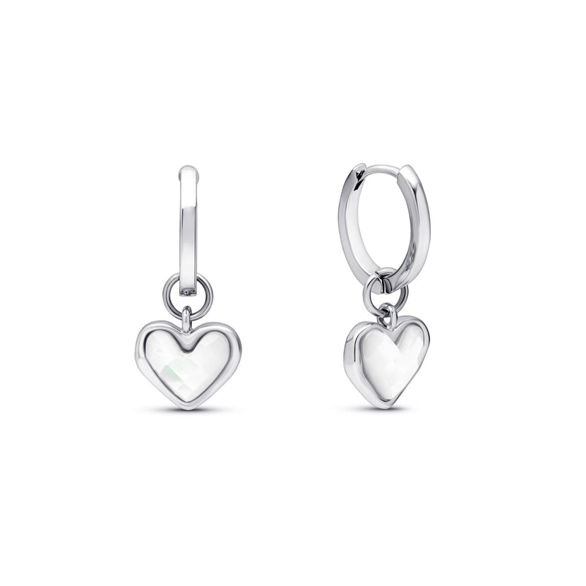White Quartz Heart Huggie Earrings (Silver)