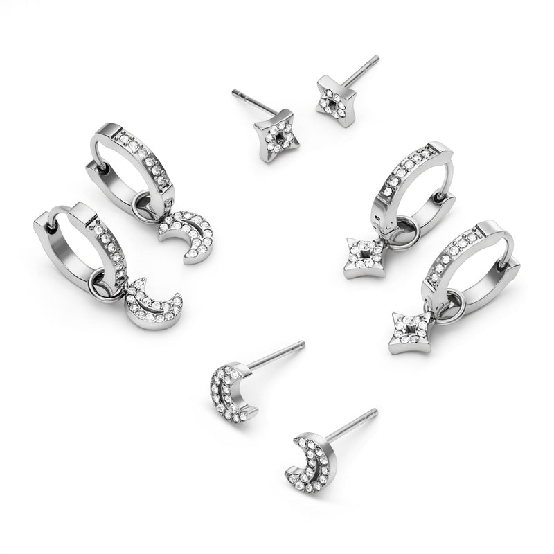 Moon and Back Star Huggie Hoop Earrings (Silver)
