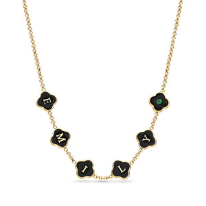 Black Enamel Clover Custom Name Necklace (Gold)
