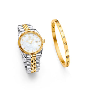 Pearl Belgravia & Crystal Heart Bangle Bundle (Gold)