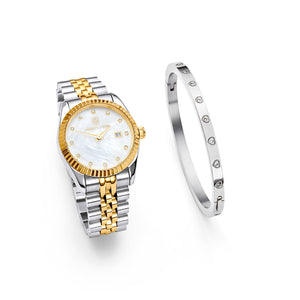 Pearl Belgravia & Crystal Heart Bangle Set (Silver)