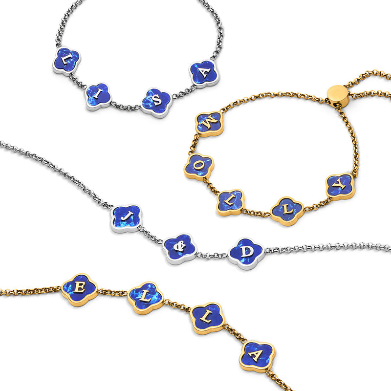 Blue Lace Agate Clover Custom Name Bracelet (Silver)