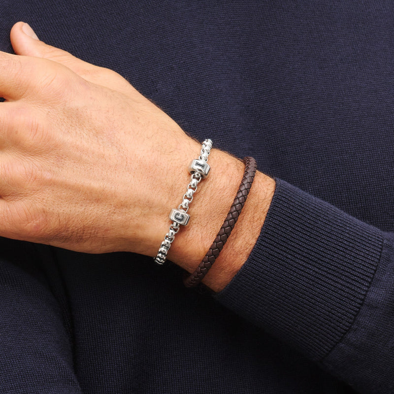 Men's Brown Bonded Leather Bracelet (Silver)